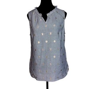 Talbots Women’s Lp Striped Sleeveless Top with Embroidered Gold Accents Keyhole